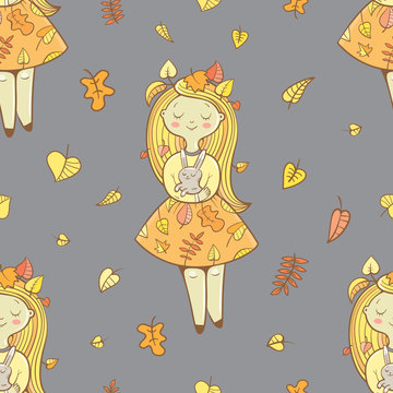 Seamless pattern with cute cartoon girls in beautiful dresses and rabbits on gray background. Autumn season. Falling leaves. Children's illustration. Vector image.