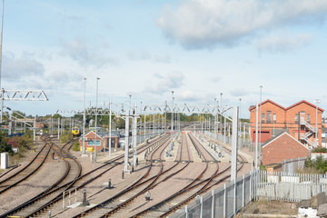 Fototapeta premium Railway lines and sidings in Bedford, Bedfordshire, England