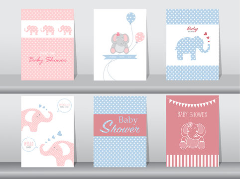 Set of baby shower invitation cards,poster,template,greeting cards,animal,elephant,Vector illustrations