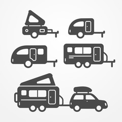 Set of camping trailer icons. Travel trailer symbols in silhouette style. Camping trailers vector stock illustration. Five trailers with camping equipment.