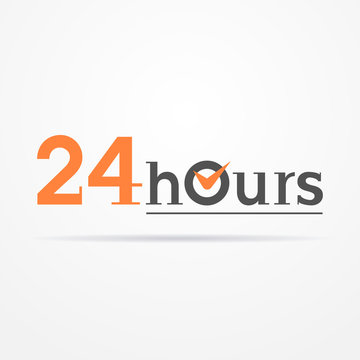 24 hours label in graphic style. Typical simplistic 24 hours label with stylized clock. Isolated 24 hours label with shadow. 24 hours label vector stock image.