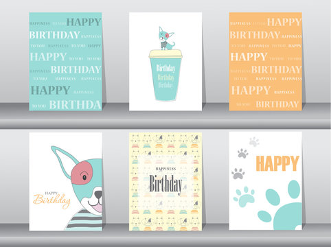 Set of birthday cards,poster,template,greeting cards,animals,dog,Vector illustrations