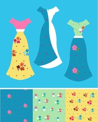 Beautiful card with collection of female dresses with flowers and dots. Set of seamless floral patterns. Fashion design. Vector illustration.