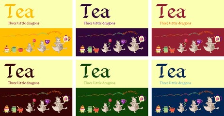 Set of tea packaging design with happy little dragons. Vector illustration. 