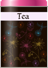 Tea packaging with hand drawn flowers. Vector illustration.