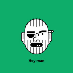 Character design: unshaven angry man with black eye and cigarette behind ear. Thing lines design of avatar, t-shirt print, or logo. Vector illustration.