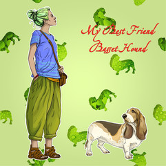 Young beautiful woman girl with best friend basset hound dog on the texture forest style