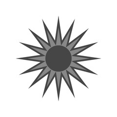 Sun icon. Light sign with sunbeams. Black design element, isolated on white background. Symbol of sunrise, heat, sunny and sunset, sunlight. Flat modern style for weather forecast. Vector Illustration