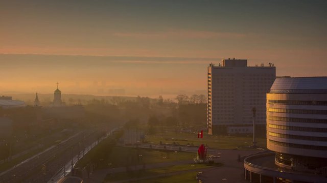 sunset city prospect roof top panorama 4k time lapse minsk belarus
