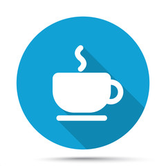 White Coffee icon on blue button isolated on white