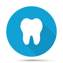 White Tooth icon on blue button isolated on white