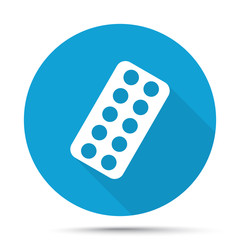 White Tablet Strip icon on blue button isolated on white