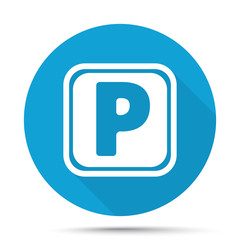 White Parking icon on blue button isolated on white