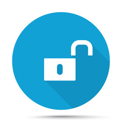 White Unlock icon on blue button isolated on white