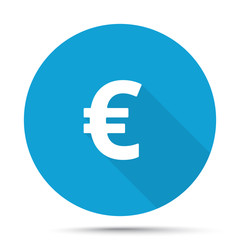 White Euro icon on blue button isolated on white