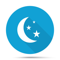 White Moon And Stars icon on blue button isolated on white