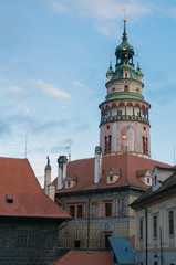 Obraz premium Cesky krumlov tower during sunset