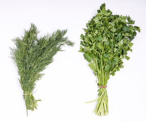 Dill and parsley on white background