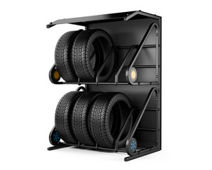 Summer and winter tires at a tire store.