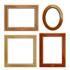 Set of four carved wooden frames of various colors and shapes.
