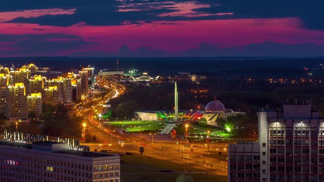 minsk sunset prospect traffic monument panorama 4k time lapse belarus
