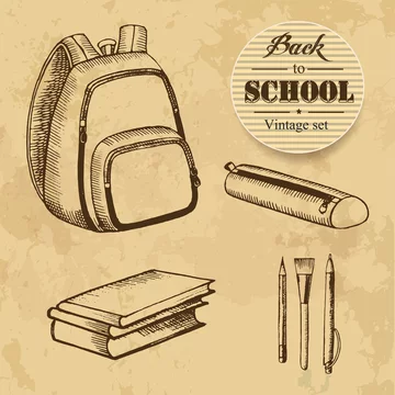 Vector hand-drawn school and office supplies Illustration. Detailed retro  style school pencil case sketch. Vintage sketch element. Back to School.  School essential illustration. 26510411 Vector Art at Vecteezy