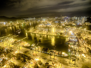 Aerial view of Hong Kong Night Scene, Kwai Chung, Victoria Harbour, Stonecutters' Bridge

