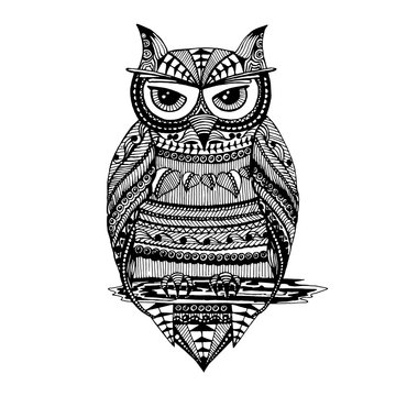 Owl painted in Zentangle style. Sketch freehand drawing. Doodle. Vector graphics