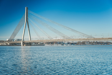 A view of the Vansu bridge over Daugava River in Riga, Latvia