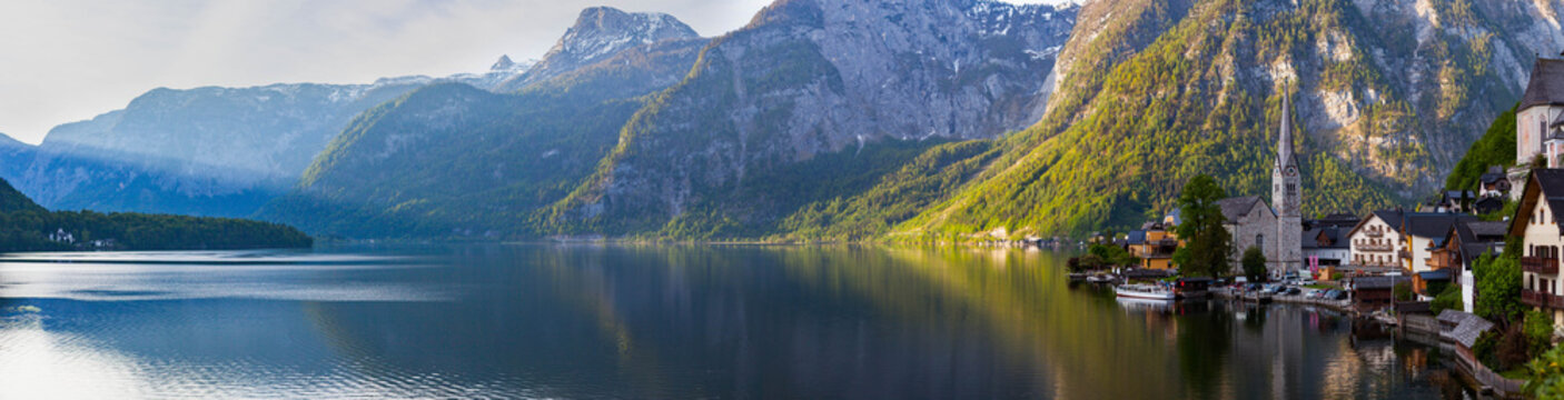 Scenic panoramic picture-postcard view of famous Hallstatt mount