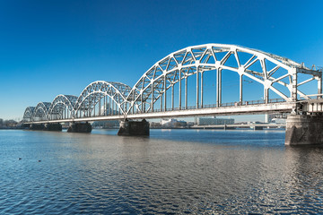 A view of the Railway Bridge over Daugava River in Riga, Latvia