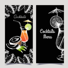 Vector banners with a cocktail. White on black, freehand drawing. Sketch. Summer season. The menu for the restaurant and cafe. Palm leaves, cocktail, coconut painted in graphic style.