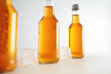 Closeup unlabeled rustic bottles sealed with tasty cold drink inside presented next big ice cubes, isolated on white, retail mockup presentation