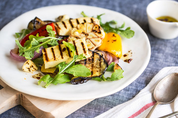 Grilled Halloumi with aubergine and pepper salad