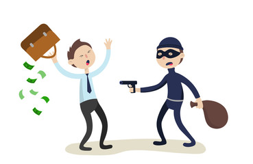 Obraz premium The robber threatens with a gun to businessman. Crime concept. Flat illustration.