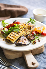 Grilled Halloumi with aubergine and pepper salad