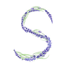 Capital letter S of watercolor lavender flowers, isolated hand drawn on a white background, wedding design, english alphabet for the festive and wedding decor and cards