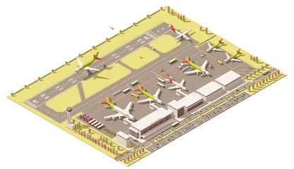 Vector isometric low poly airport terminal building with control tower, landing jet, airplanes at apron and Ground Support vehicles working