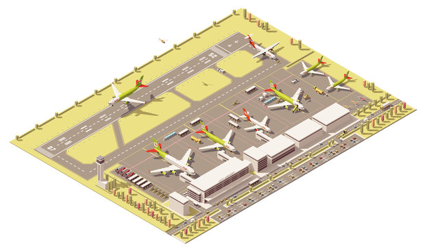 Fototapeta Vector isometric low poly airport terminal building with control tower, landing jet, airplanes at apron and Ground Support vehicles working