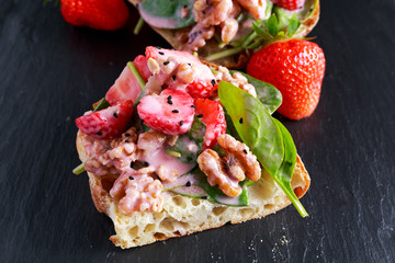 Summer Fruit Vegan Spinach Strawberry nuts Sandwich. concepts health food