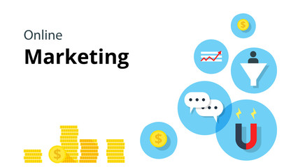 Vector illustration concept for management, attraction of clients, online marketing, inetnet advertising with icons set  modern business working elements, finance objects.