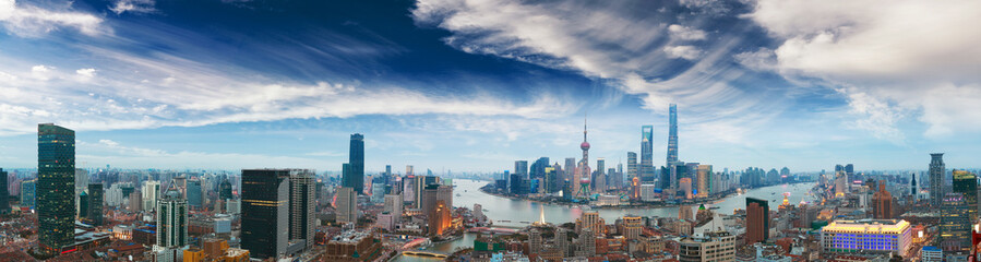 Aerial photography at Shanghai bund Skyline of panorama