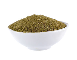 Dried Moringa powder in the bowl on white background