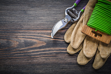 Secateurs safety gloves soft twist tie on wooden board gardening