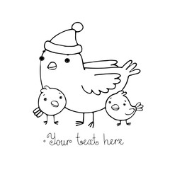 Cute cartoon Bird with chicks in the hat.