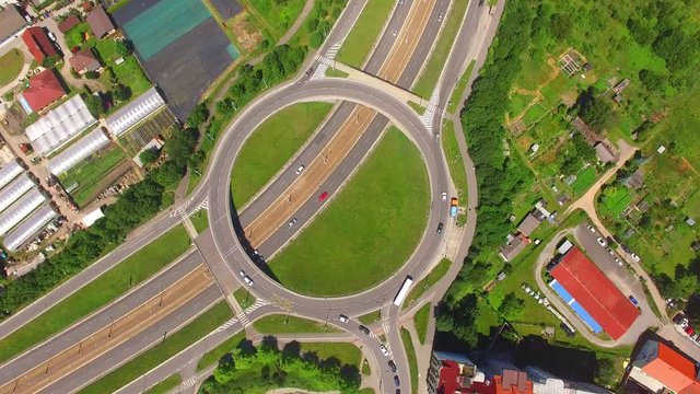 Aerial view of roundabout in Pilsen, Czech republic, Central Europe. Transportation and traffic in modern city. 