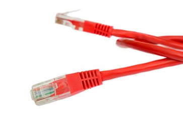 Red UTP Network Cable with RJ45 isolated on white background