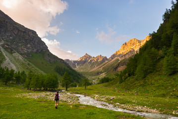 Fototapeta na wymiar Backpacker hiking on the Alps. Stream flowing through blooming meadow and green woodland set amid high altitude mountain range at sunsets. Valle d'Aosta, Italy.