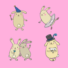 Funny bunnies on a white background.