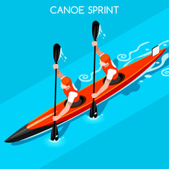 Kayak Sprint Doubles Summer Games Icon Set.3D Isometric Canoeist Paddler.Sprint Kayak Sporting Competition Race.Olympics Sport Infographic Canoe Kayak Vector Illustration © Aurielaki